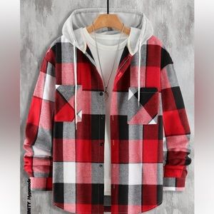 Red Black Grey & White Plaid button up hooded
